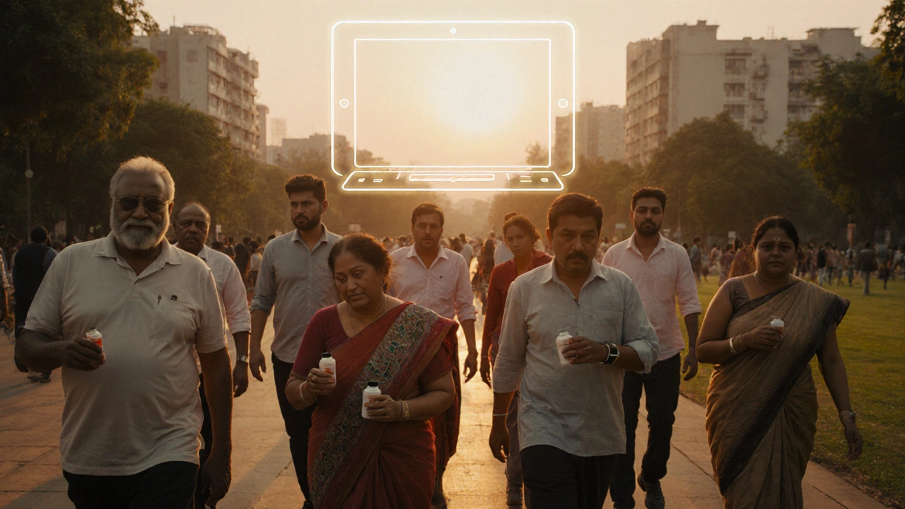 Diverse people walking in a park at sunset, each holding a pill bottle, symbolizing weight loss journey.