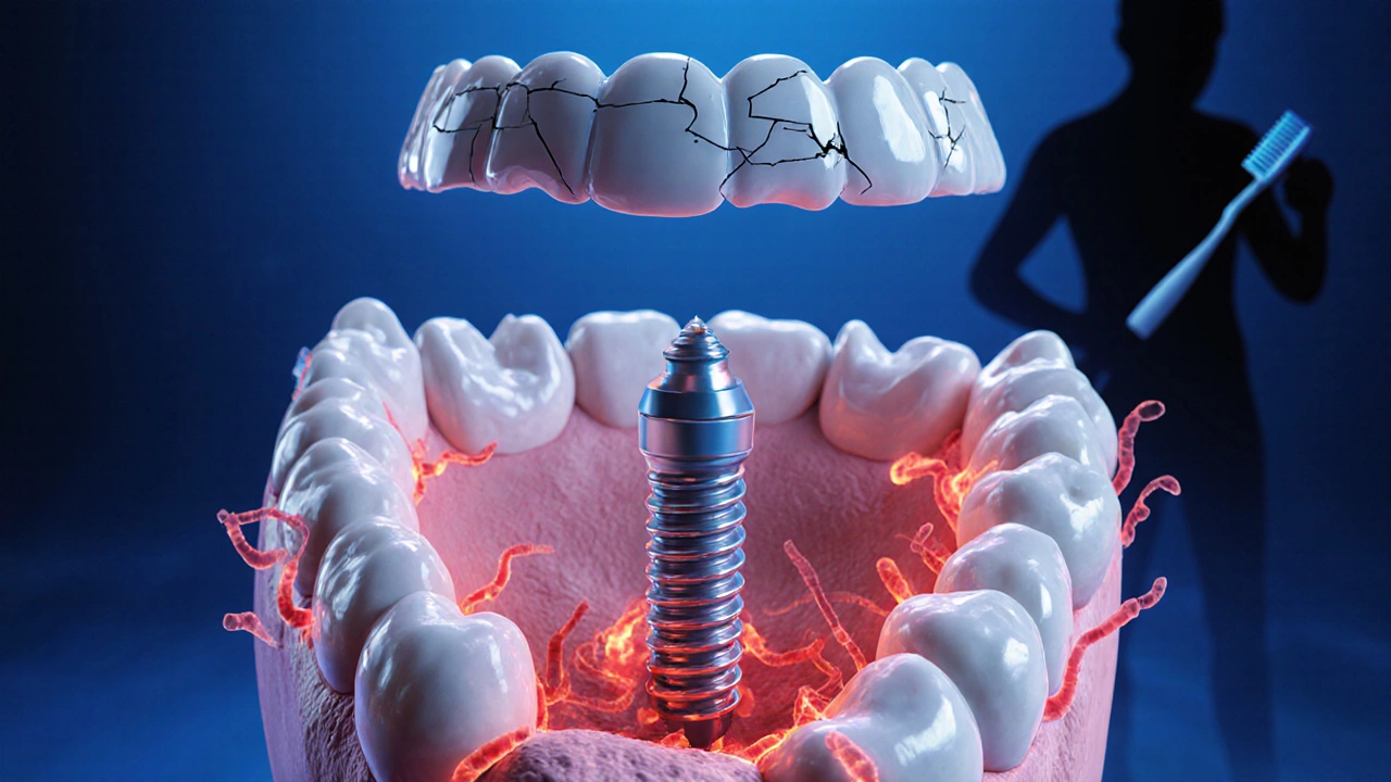 Jawbone with failing implant surrounded by infection, cracked crown, and distant person holding cleaning tools.