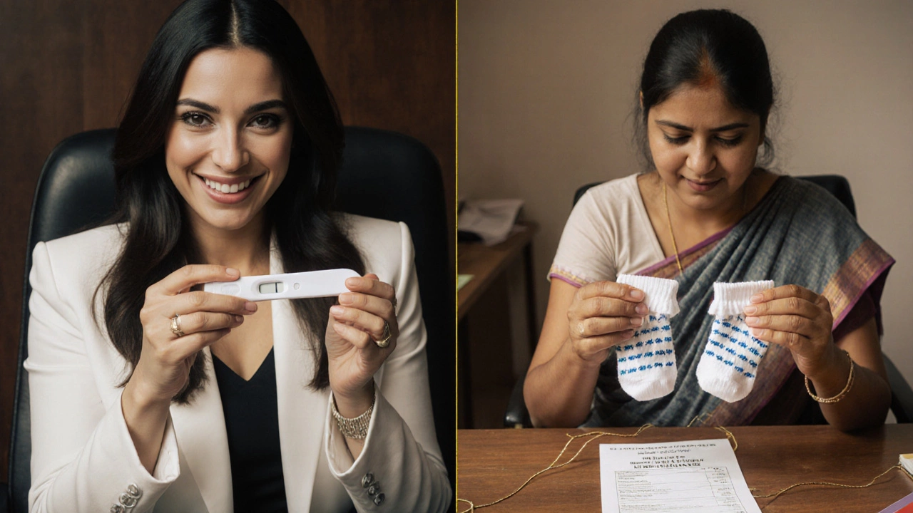 Split image: a celebrity and an Indian woman both holding baby socks, connected by light, representing equal hope in IVF.