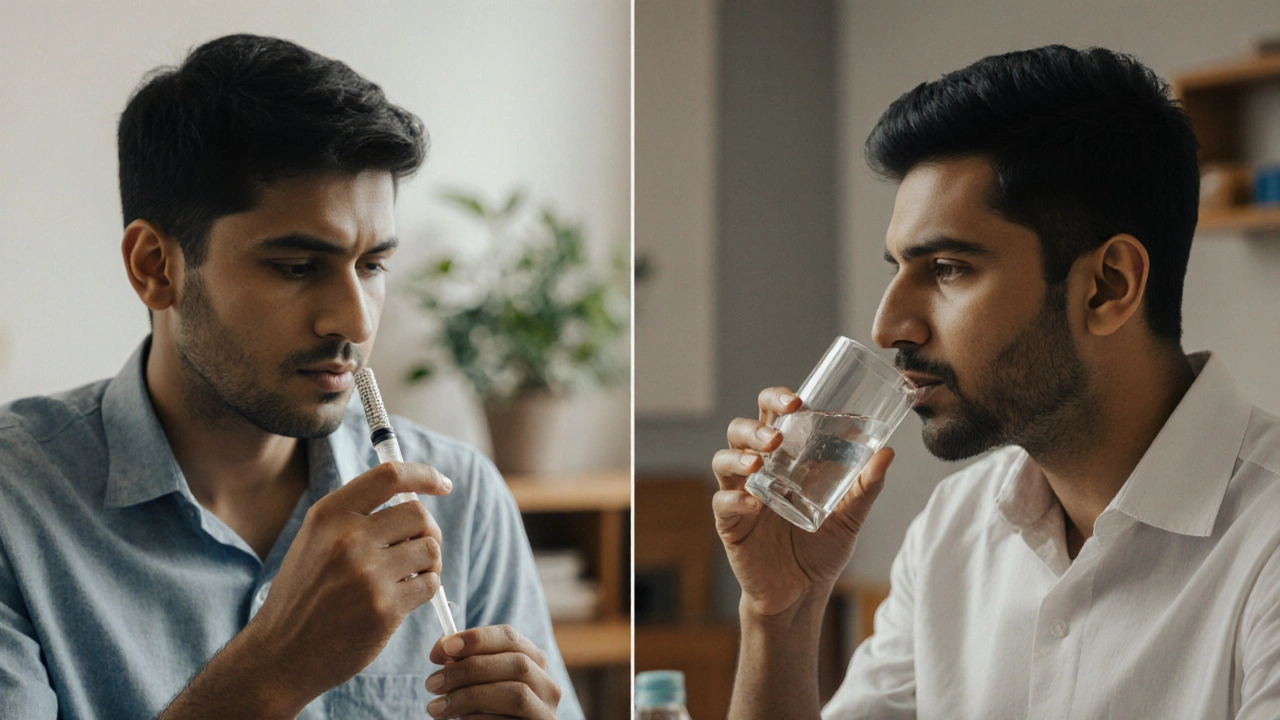 Split image showing hesitation with a syringe versus confidence taking a pill in a clinic setting.