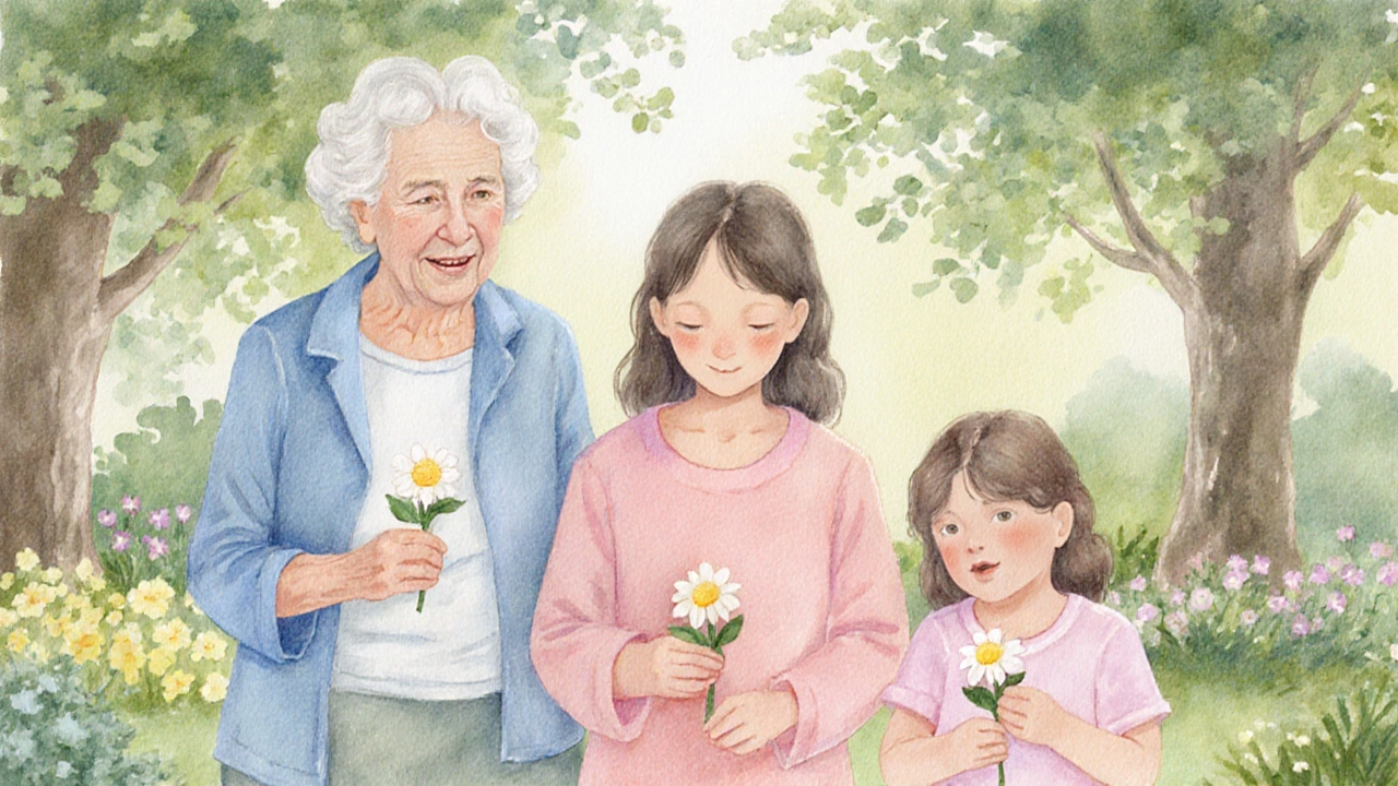 Three generations of women stand together in a garden, each holding a flower, symbolizing family continuity.