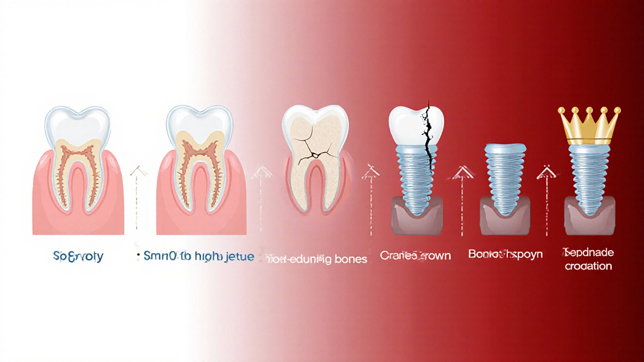 Timeline illustration of dental implant process showing healing, complications, and failure over months.