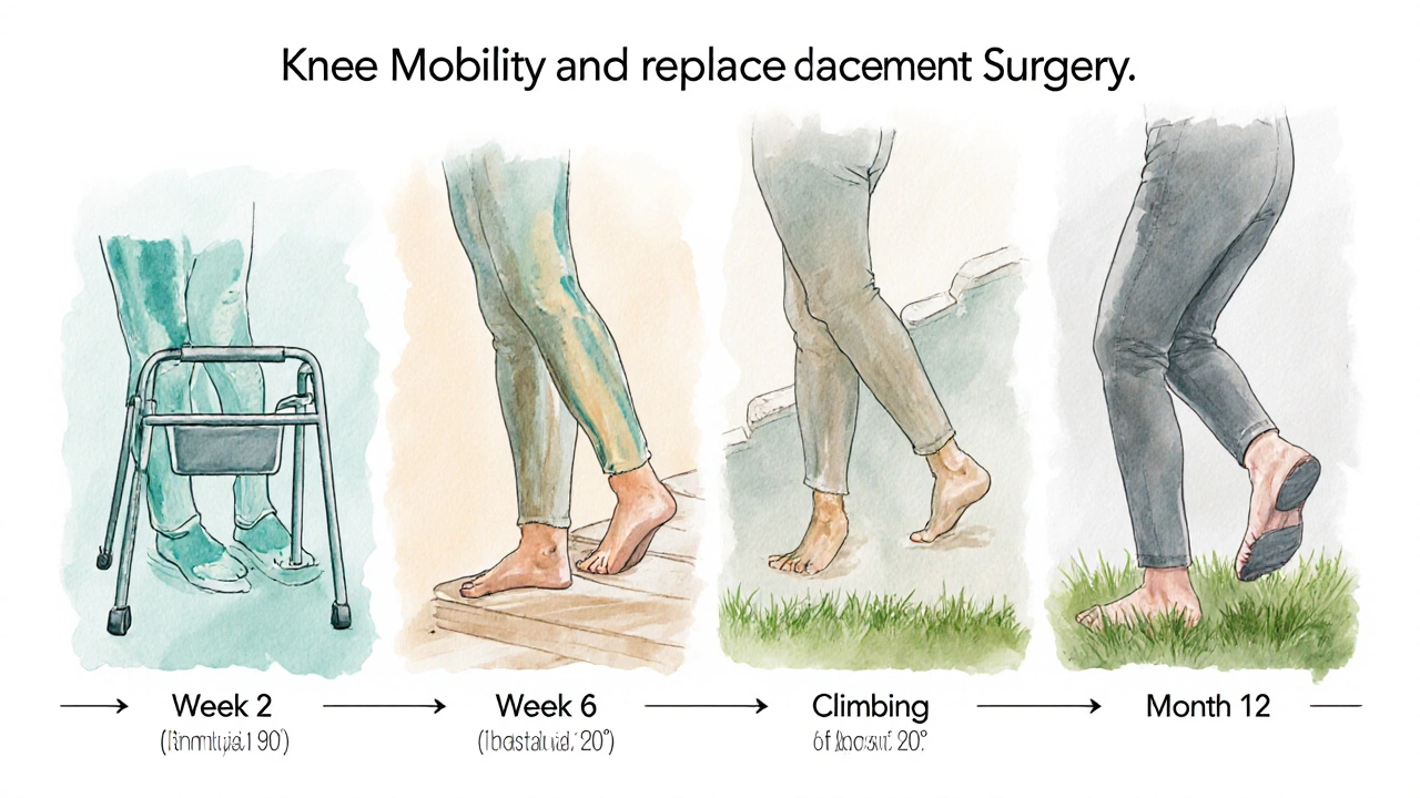 Watercolor timeline showing progressive knee mobility recovery after joint replacement.
