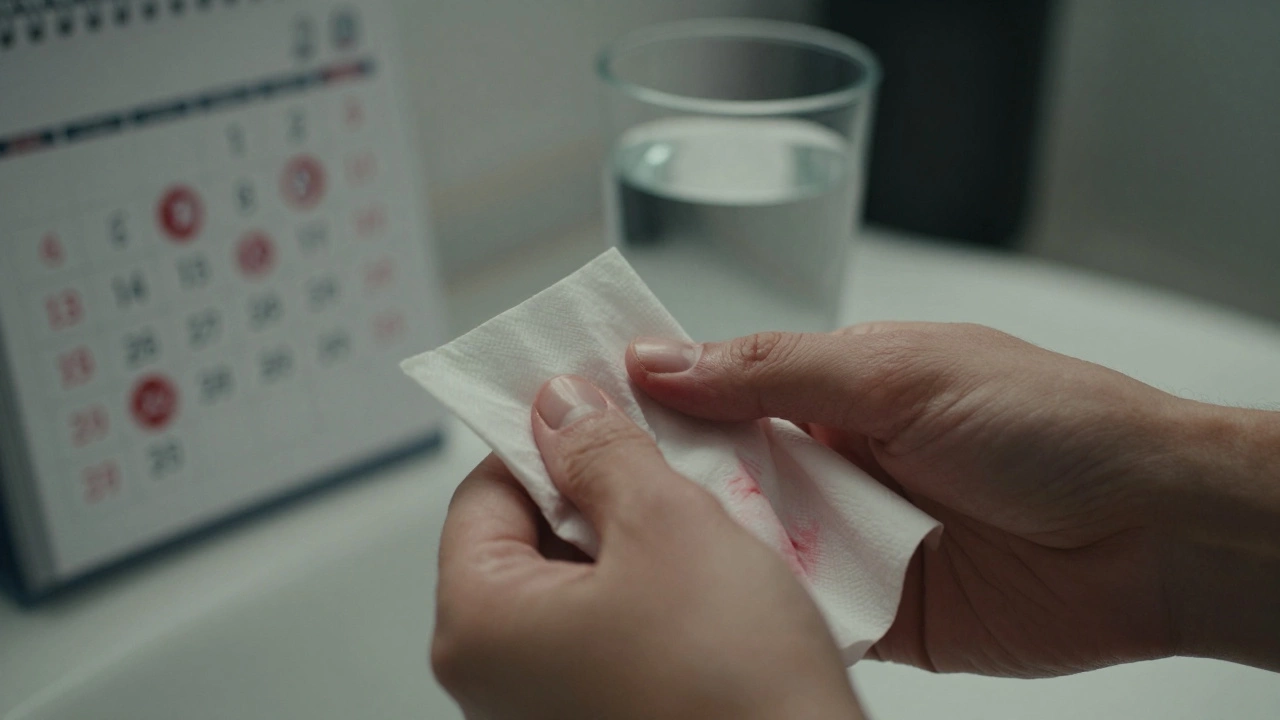 A hand holding a stained tissue beside a calendar marked with red circles, indicating unusual bleeding and fatigue.