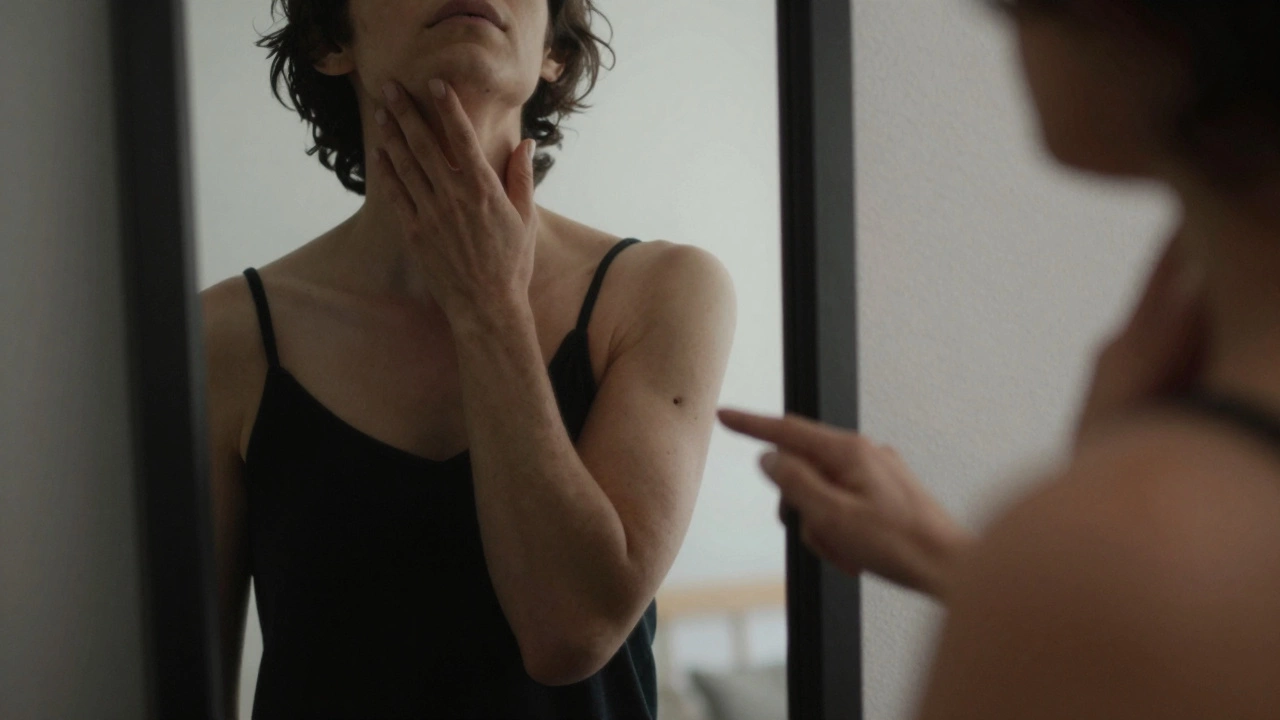A person examining a lump on their neck and a changing mole in front of a mirror.