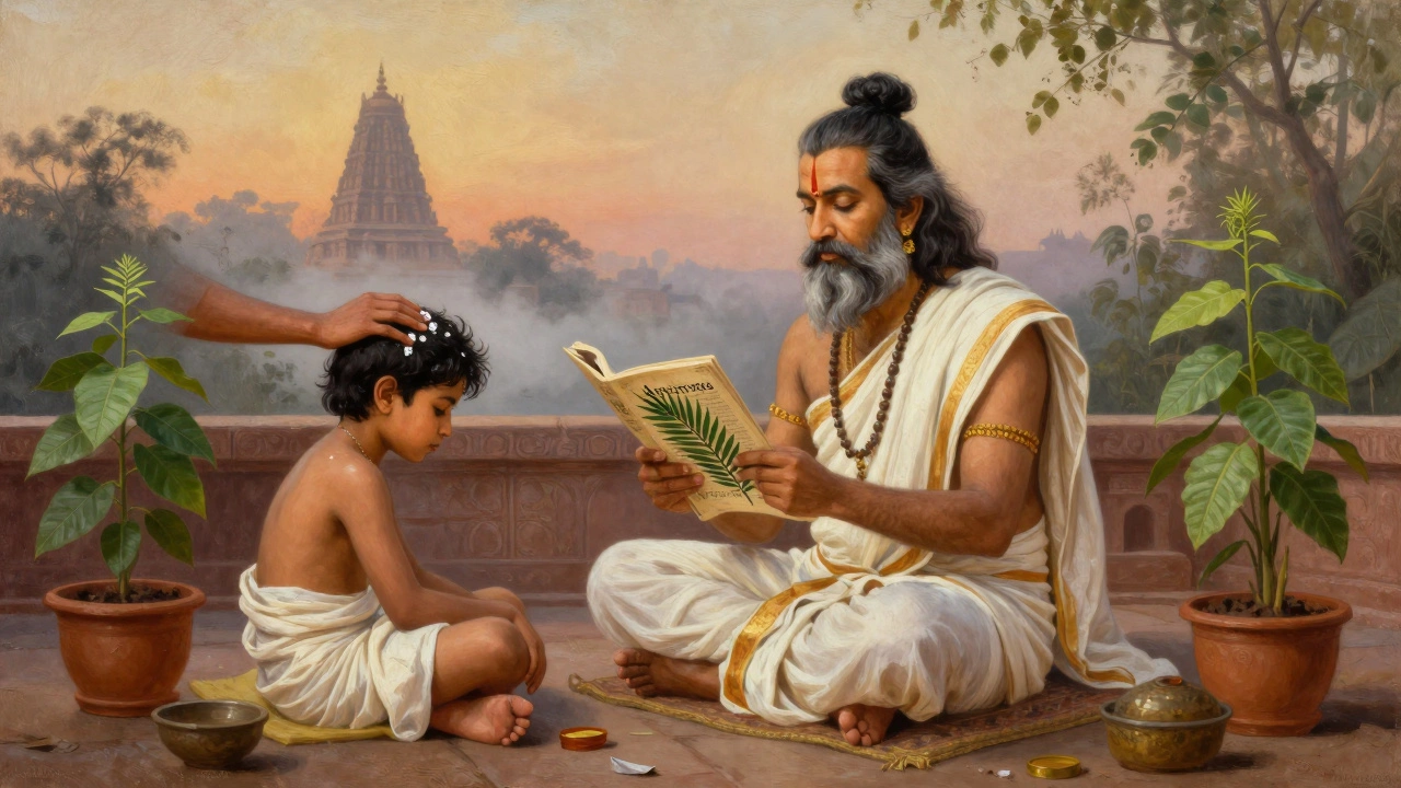 An Ayurvedic practitioner checking a patient&#039;s pulse at sunrise with herbs nearby.