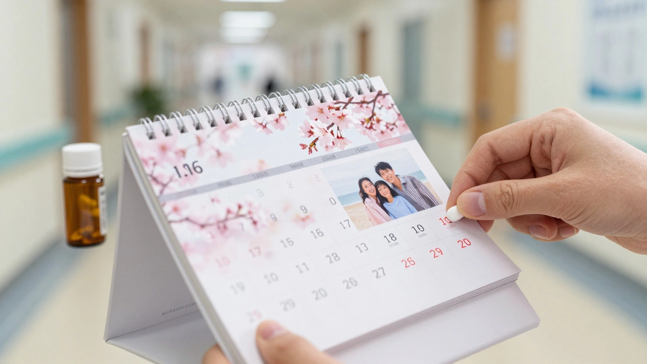 Calendar turning into cherry blossoms, held by a hand with pill bottle and family photo.