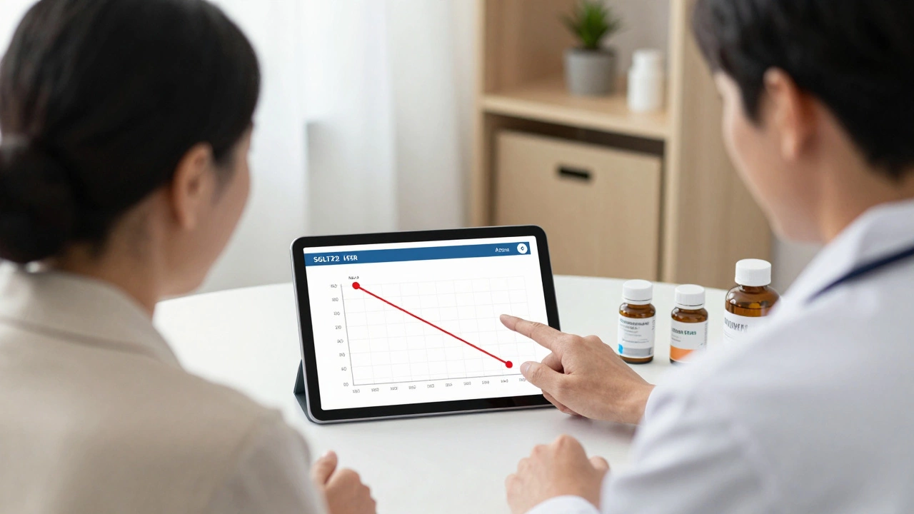 Doctor and patient reviewing diabetes treatment metrics on a digital tablet