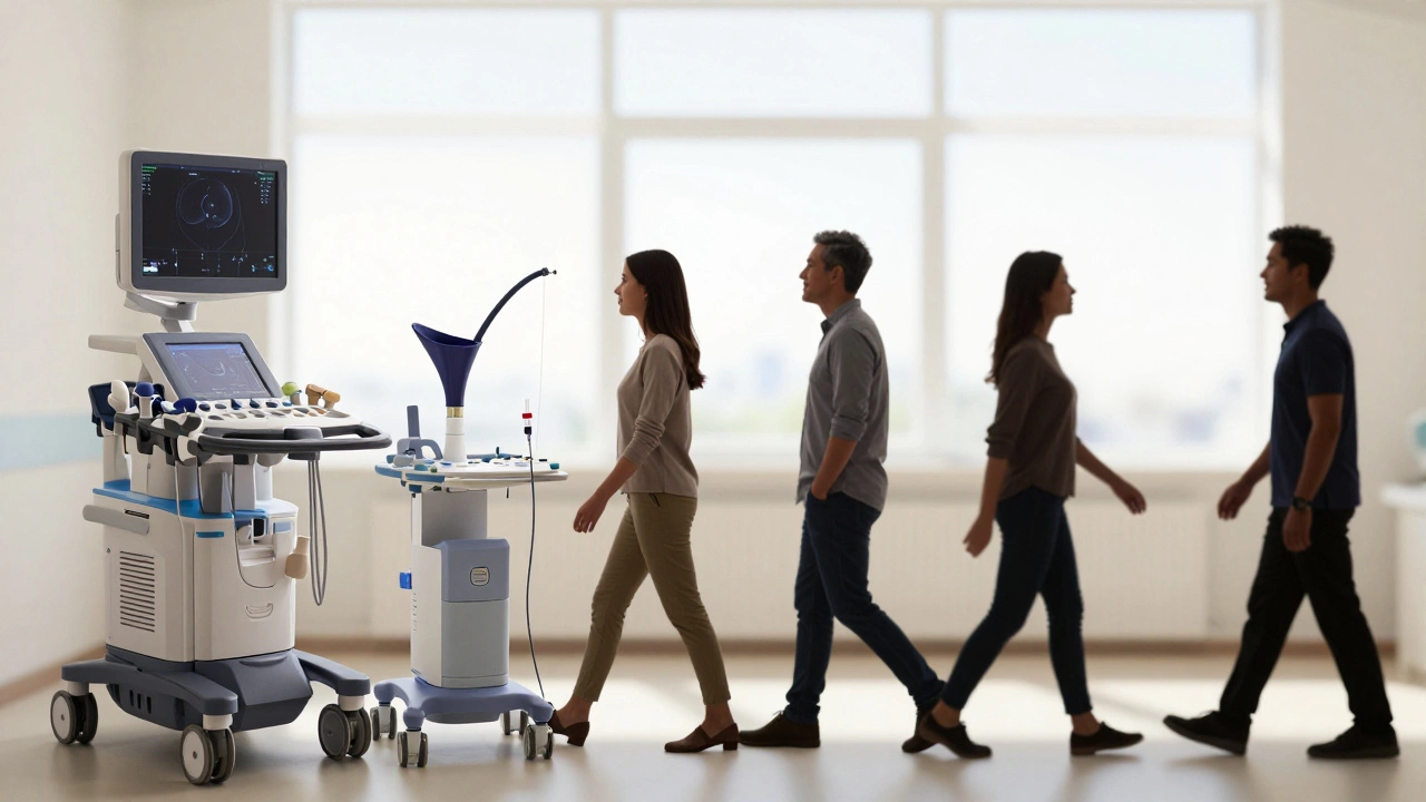 Medical screening tools in a bright clinic, with people approaching for checks.