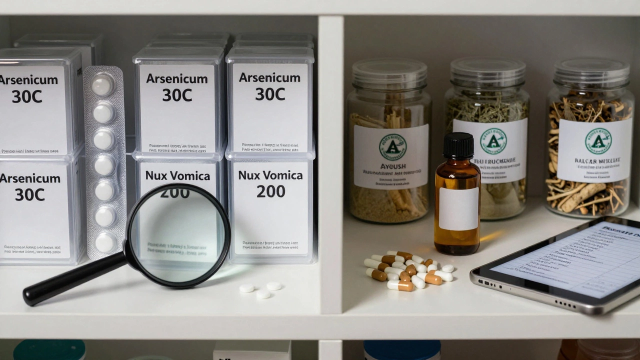 Pharmacy shelf showing empty homeopathic pills versus labeled Ayurvedic herbal products.