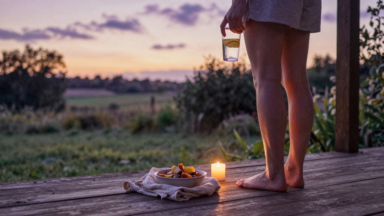 Someone drinking warm lemon water at dusk on a quiet porch, candlelight glowing softly.