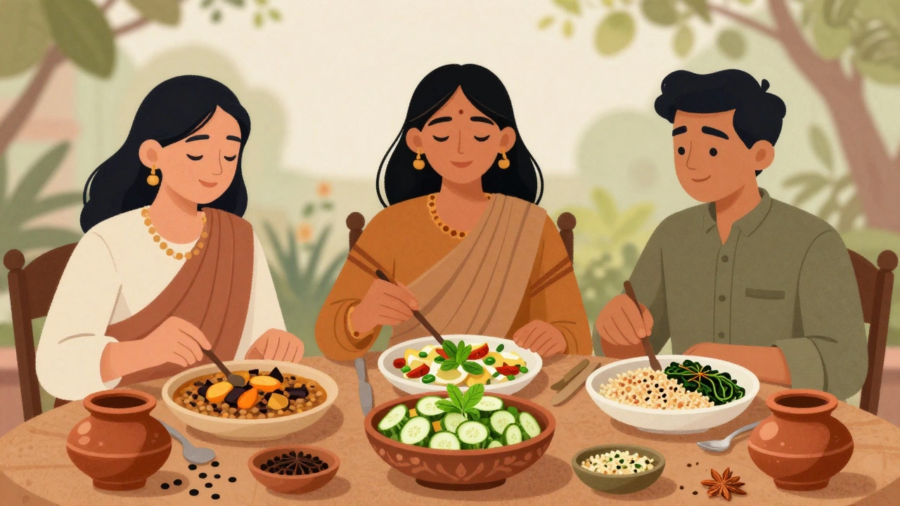 Three people eating dosha-specific meals: Vata, Pitta, and Kapha, with traditional Indian spices around them.