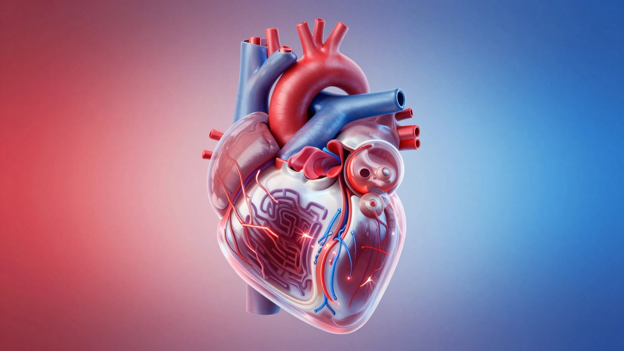 Transparent heart showing Maze procedure scar patterns and mechanical valve replacement.