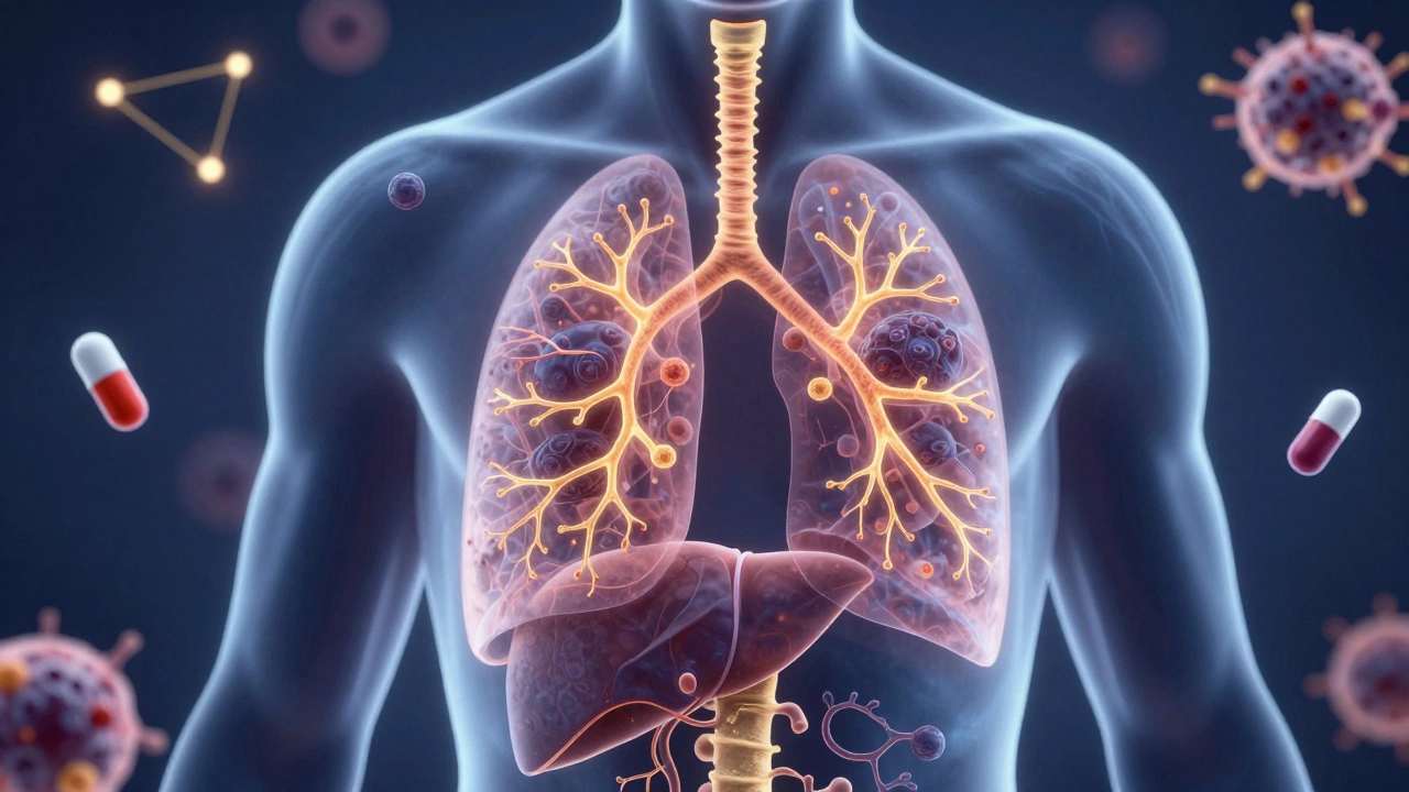 Transparent human body with glowing cancer spread and targeted drug molecules floating like stars.