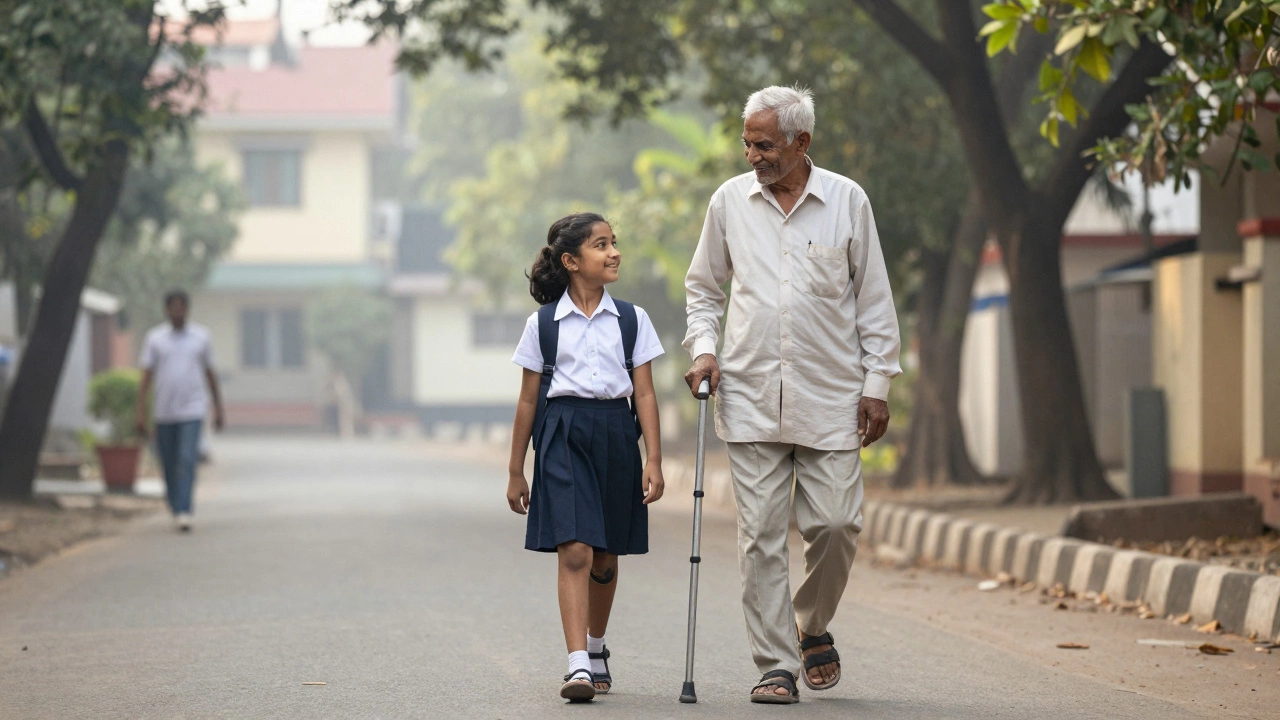 An elderly man walking his granddaughter to school, no longer needing a cane, smiling in the morning light.