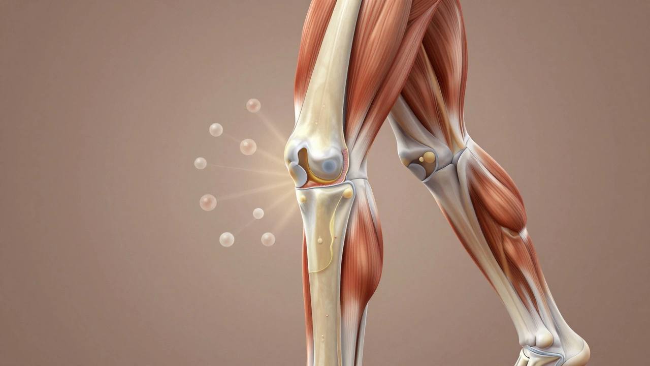 Cross-section of a knee joint showing fluid movement and muscle activation during walking.