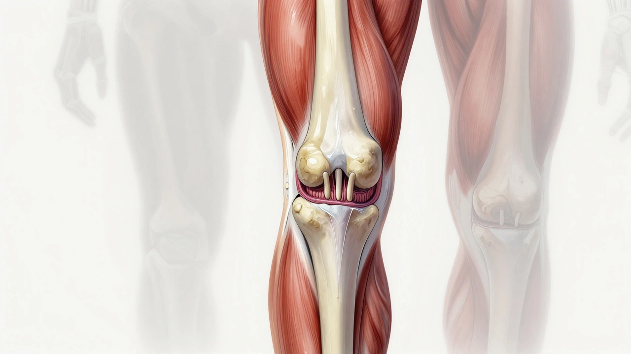 Cross-section of a severely arthritic knee with bone-on-bone contact and atrophied muscles.