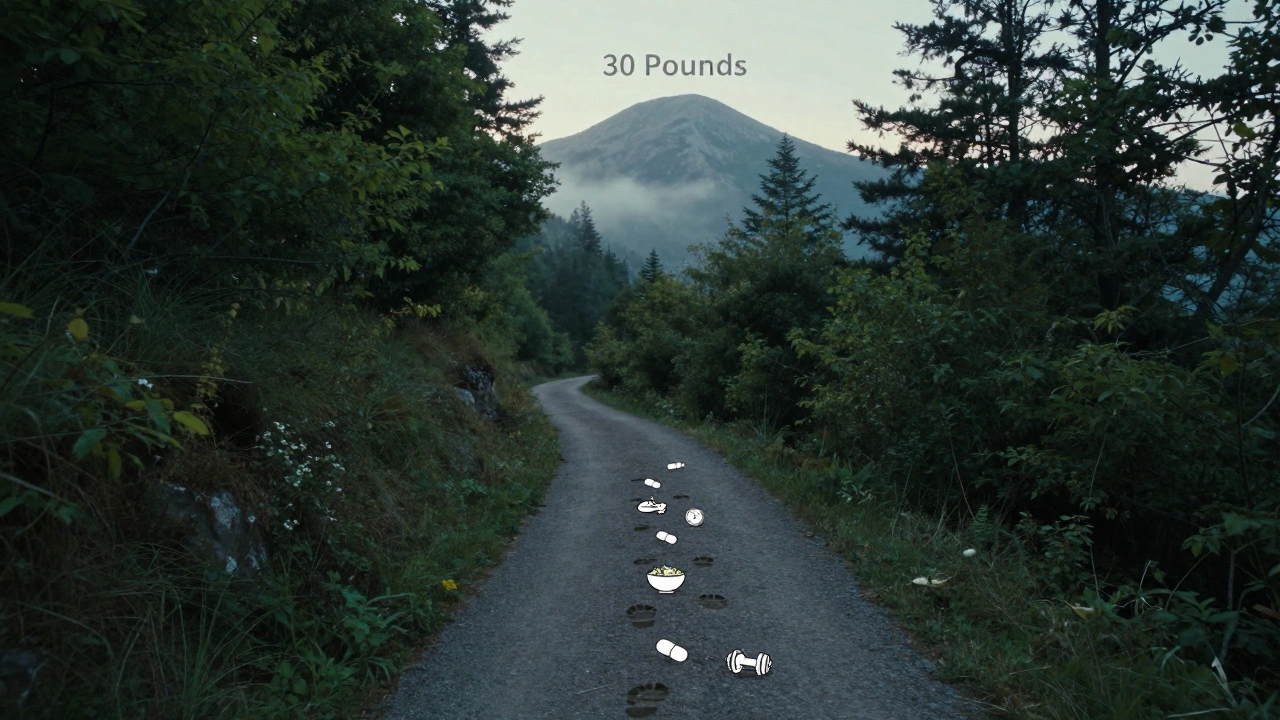 Forest path with footprints marked by health icons leading to a distant peak labeled '30 Pounds'