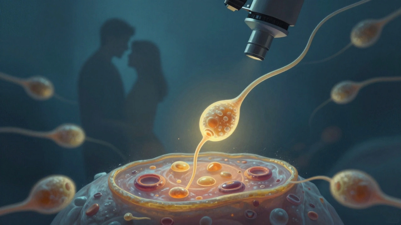 Glowing sperm cell emerging from tissue under microscope, symbolizing hope and fertility restoration.