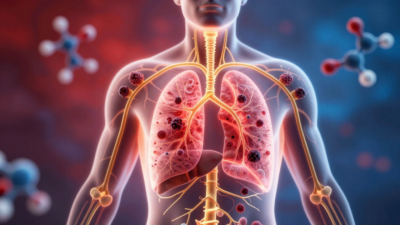 Human body with glowing immunotherapy pathways destroying cancer cells in distant organs.