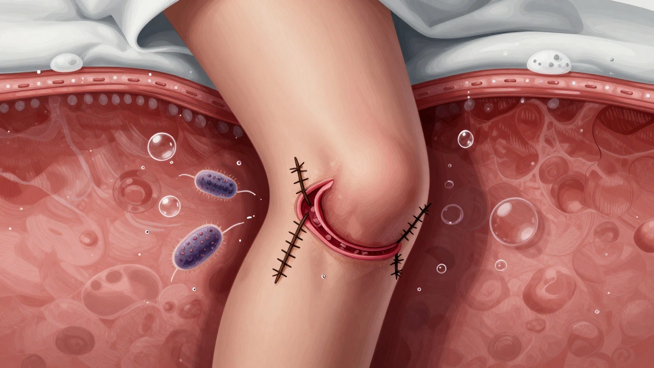 Medical illustration showing a knee incision at risk of infection from water and bacteria during healing.