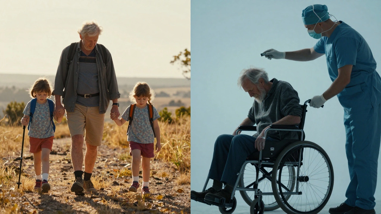 Split image: active senior hiking versus same person in wheelchair, symbolizing lost mobility.