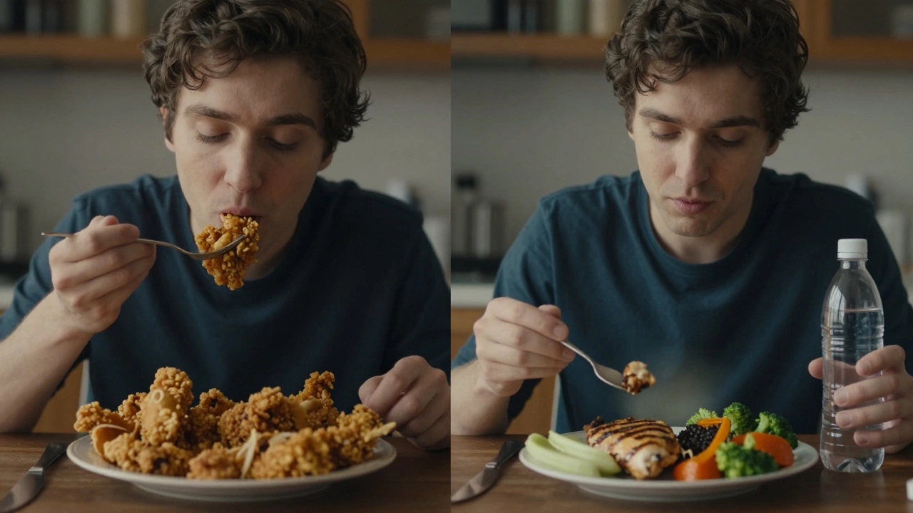 Split scene showing unhealthy vs healthy food choices influenced by Ozempic