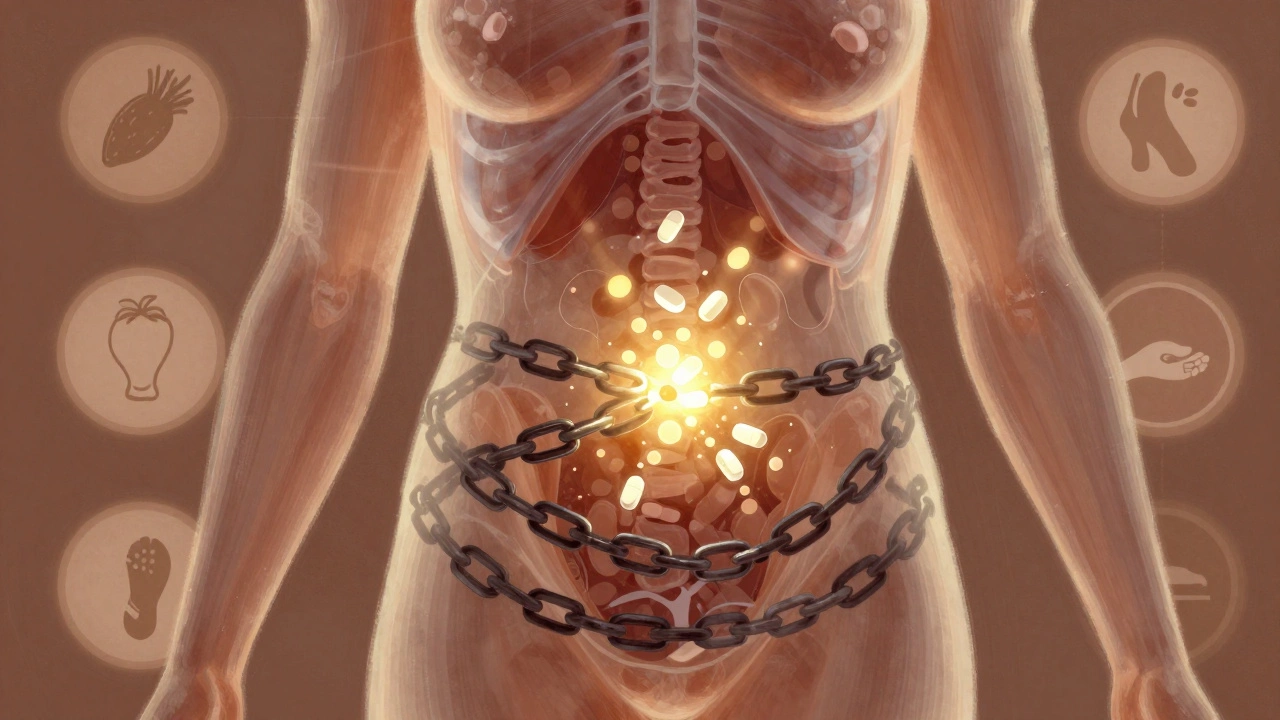 Translucent human body with insulin resistance chains breaking into light, surrounded by health symbols