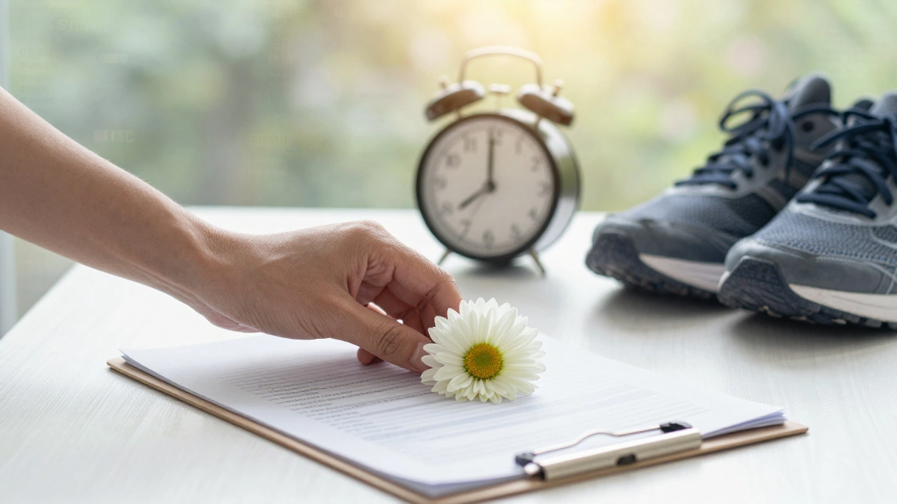 A blooming flower placed beside a medical chart and running shoes, symbolizing time, health choices, and hope in cancer journey.