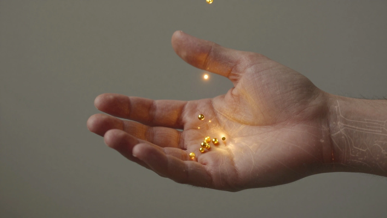 A hand regaining sensation as golden B12 particles restore neural function.