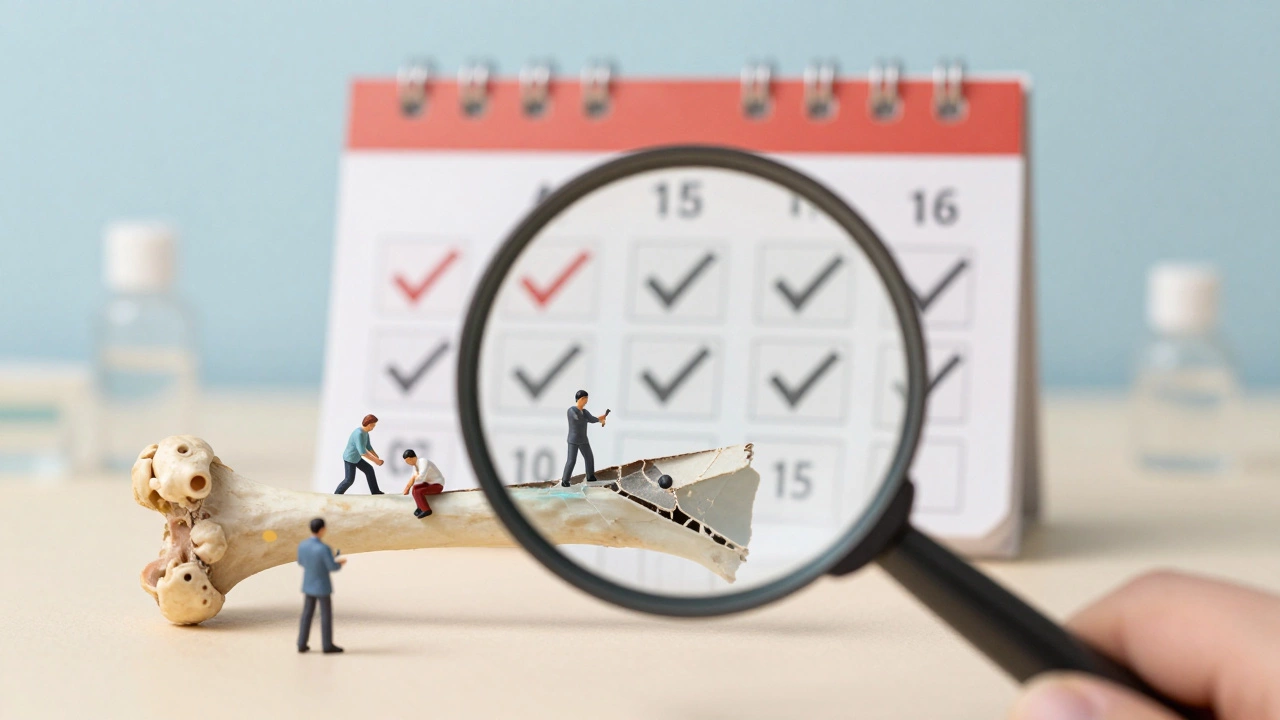 A magnified view of a healing bone with tiny cells at work, surrounded by a timeline of recovery weeks.