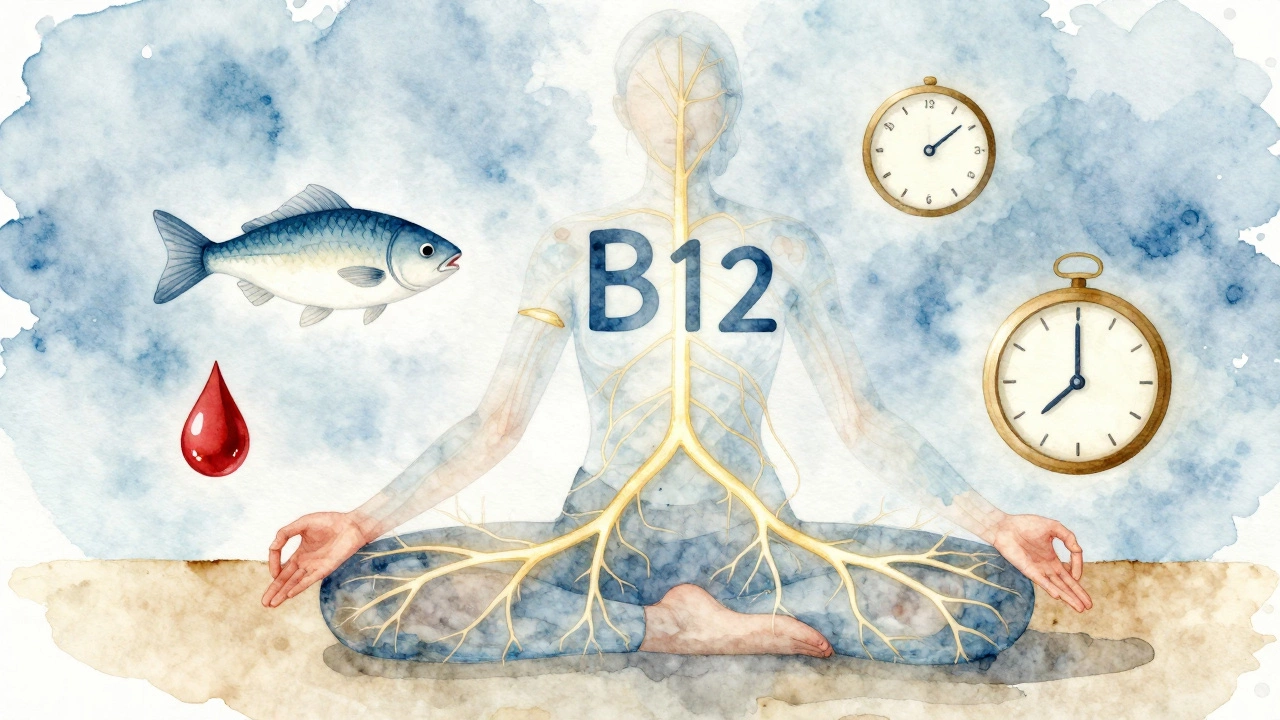 A person meditating with glowing nerve pathways and symbols of B12 healing.