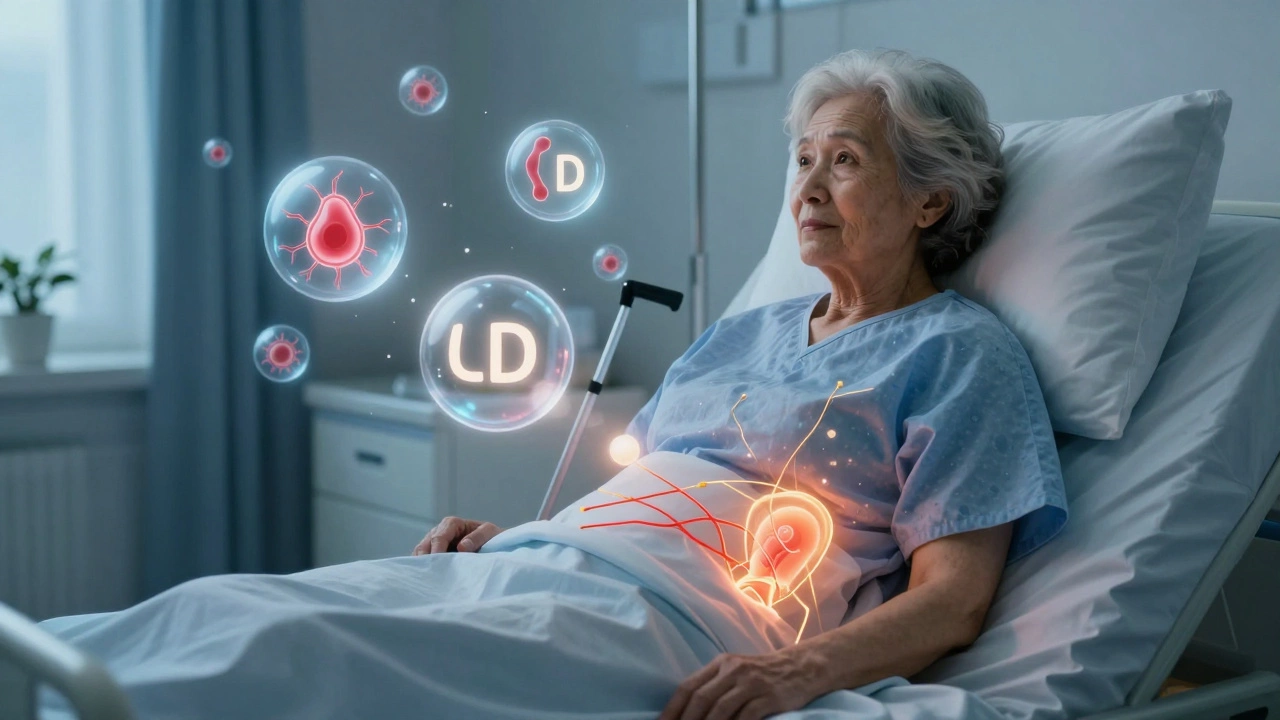 An elderly woman in bed with floating symbols of healing nutrients and blood flow around her hip.
