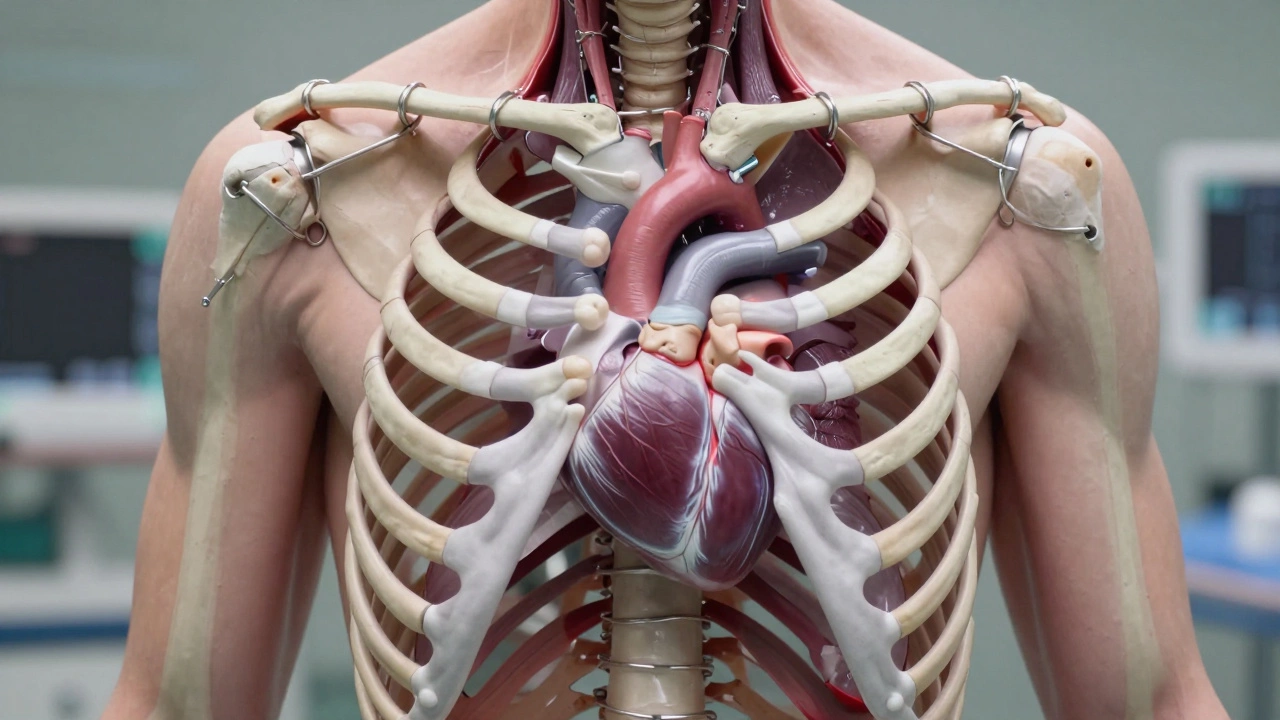 Anatomical view of a split sternum revealing the heart, with stainless steel wires holding it together and intact ribs surrounding it.