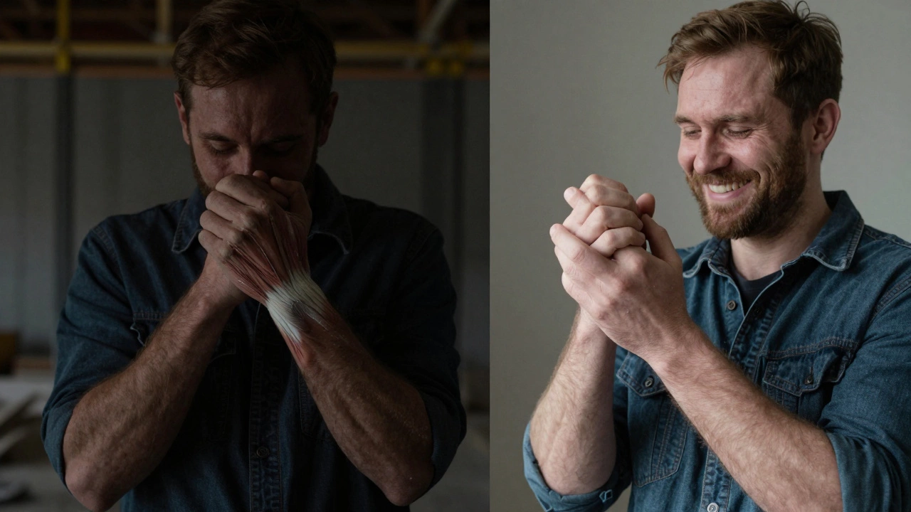 Before and after: worker regaining hand function after nerve surgery.