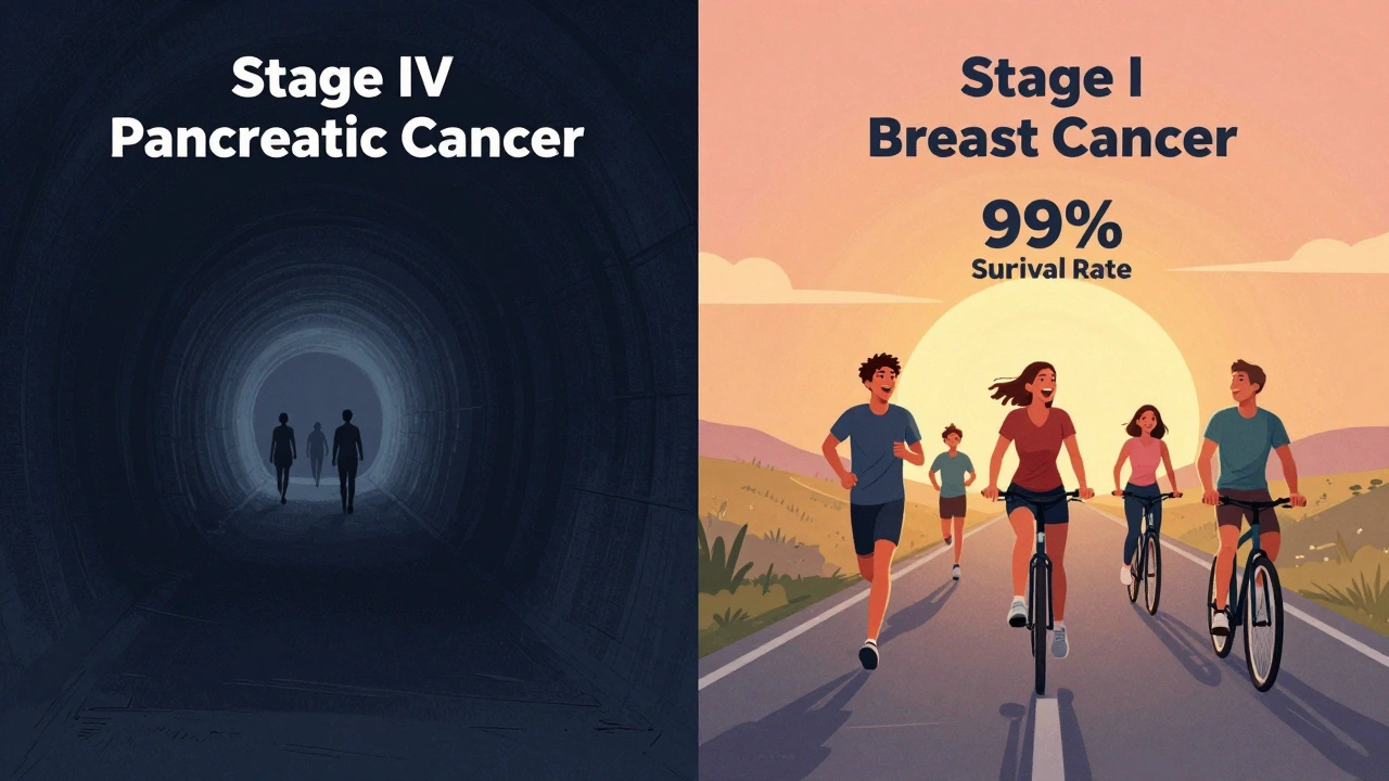 Contrasting paths: one dark and narrow, the other bright and open, representing different cancer stages and survival outcomes.