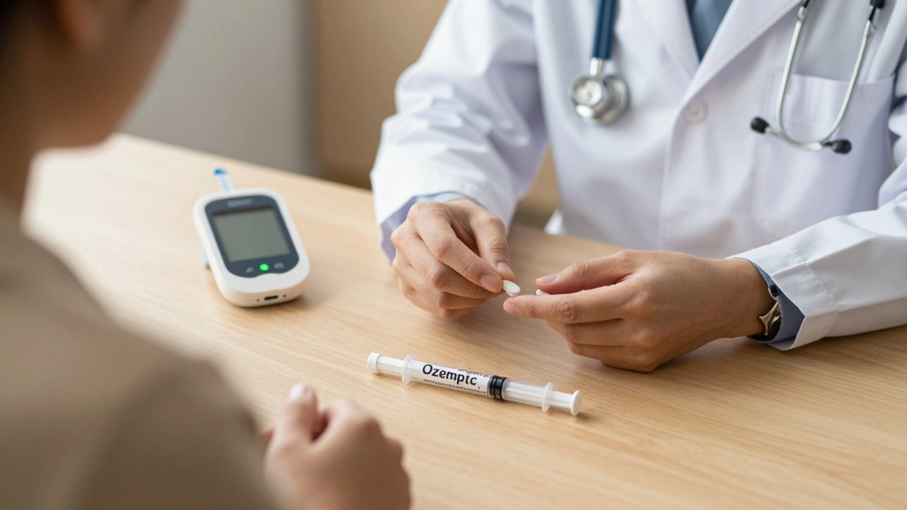 Doctor consulting patient with metformin, Ozempic, and blood sugar monitor