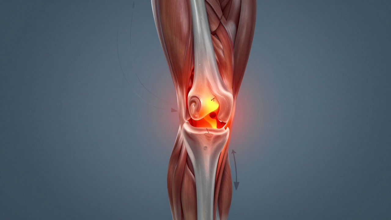 Internal anatomical view showing inflammation and heat around a replaced knee, with therapeutic movement arrows guiding recovery.