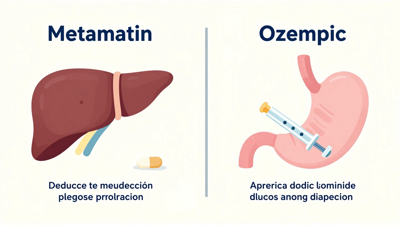 Metformin and Ozempic mechanisms illustrated with liver and stomach symbols