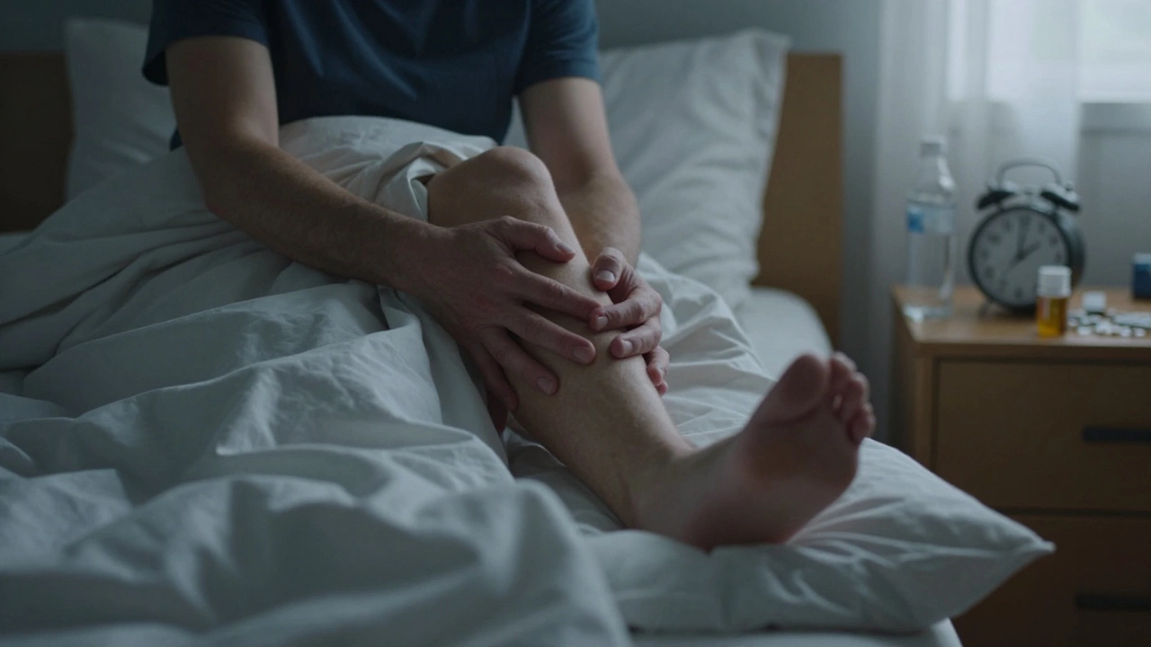 Nighttime scene of a person in pain clutching their knee, leg elevated on a pillow, sunlight just beginning to enter the room.