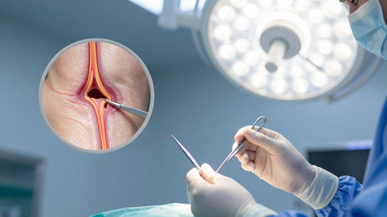 Surgeon performing carpal tunnel release with precision instruments.