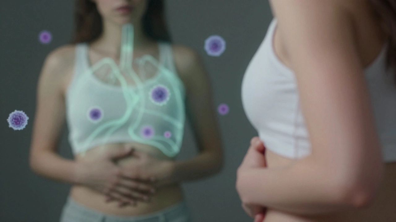 A woman pressing her abdomen while ghostly cancer cells spread in her reflection, symbolizing silent ovarian cancer progression.