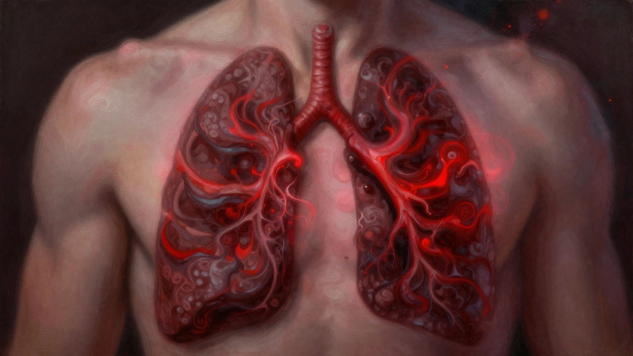 Abstract digital art of lungs with dark swirls symbolizing cancer metastasis.