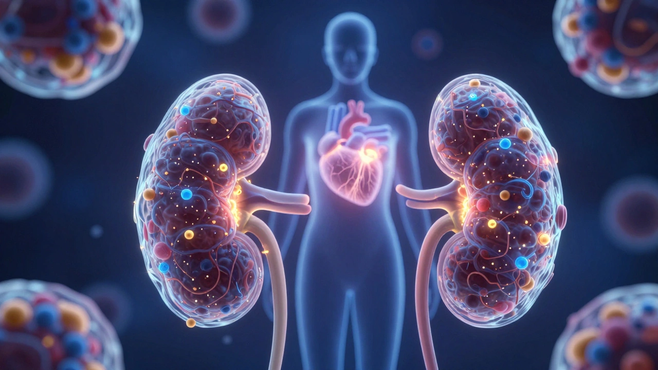 Abstract illustration of metabolic hormones protecting heart cells