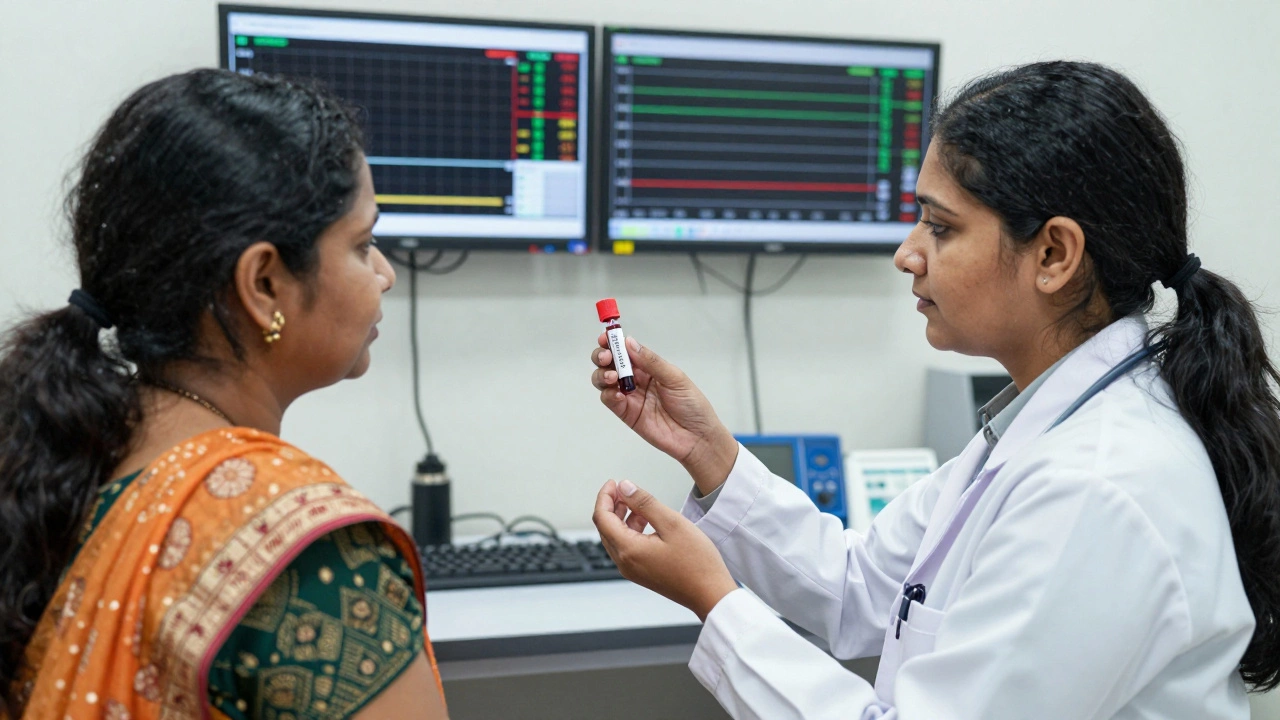An endocrinologist explaining hormone test results to a patient in a hospital setting.