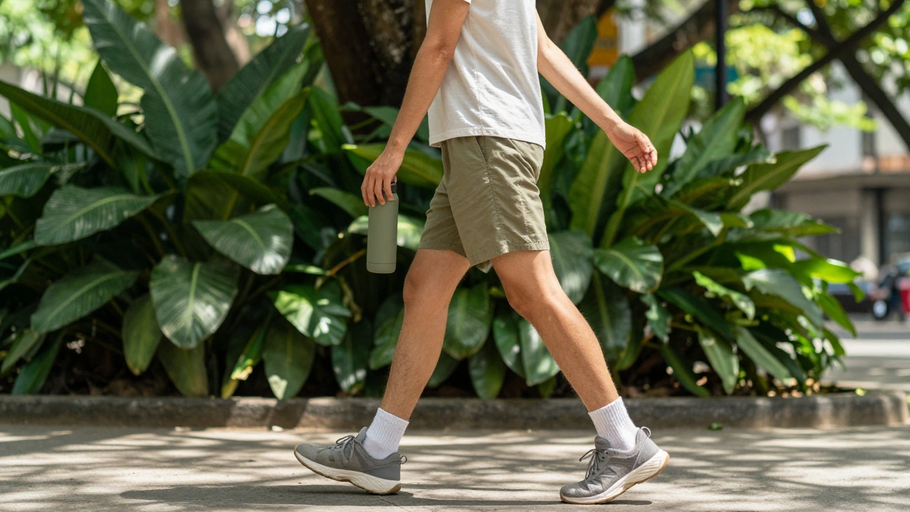 Person walking briskly in a green park with water bottle