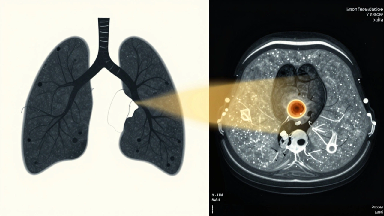 Split image: a smoker coughing on one side, an early lung tumor glowing on a CT scan on the other.