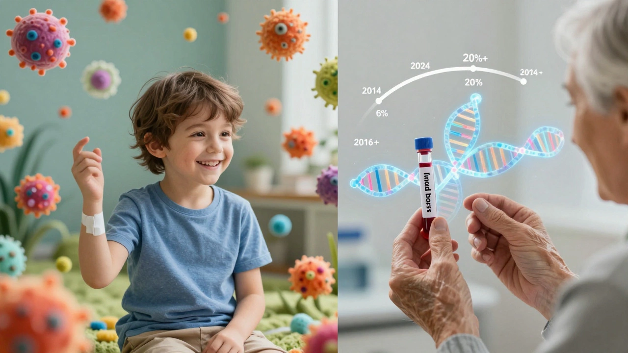 Split image: child undergoing chemo on one side, adult with liquid biopsy and AI analysis on the other, showing progress in cancer survival.