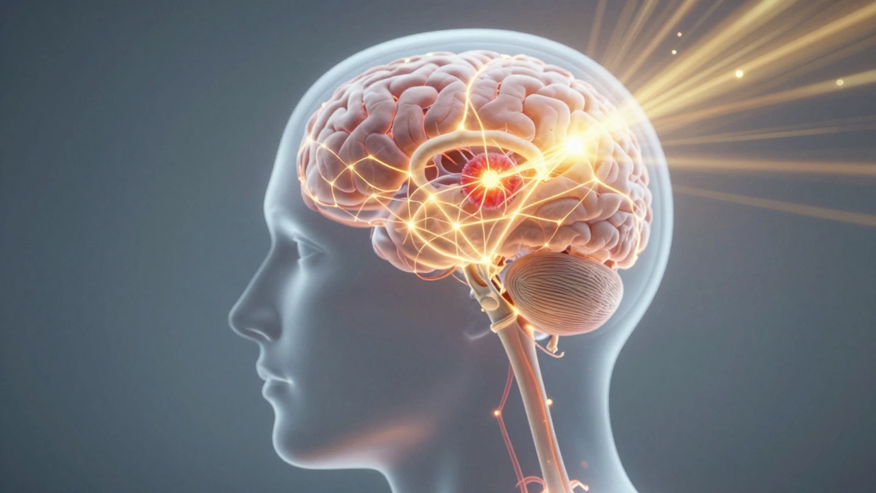 Translucent head profile showing brain tumor and light beams representing treatment.