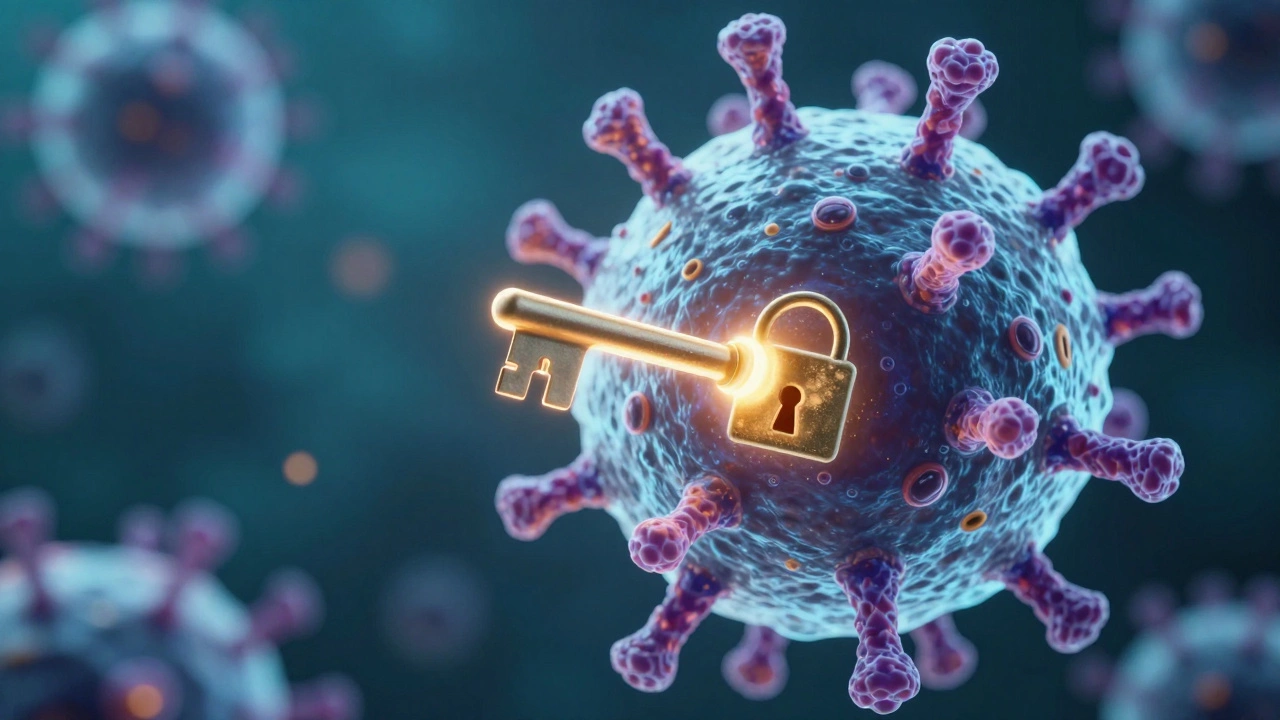 3D render of a targeted therapy molecule fitting into a cancer cell receptor.
